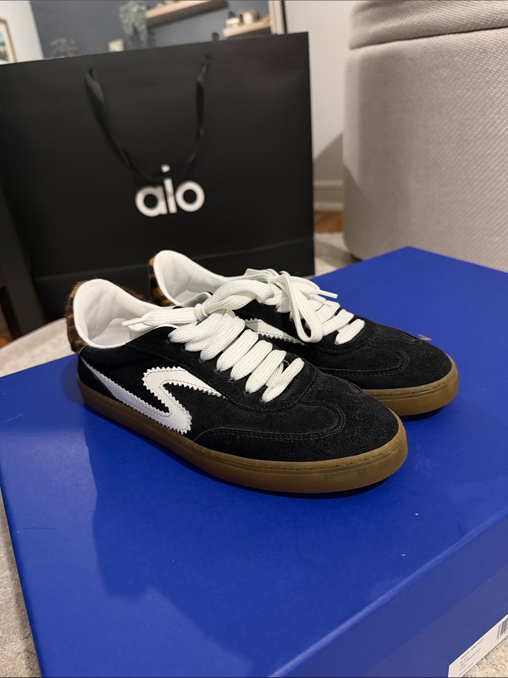 ALO Yoga Men’s Black Suede Sneakers with White Accents and Gum Sole